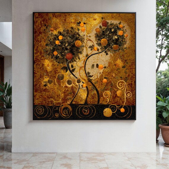 Gustav Klimt Inspired Mosaic Style Canvas, Orange Tree Wall Art