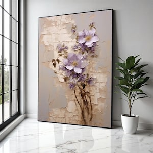 Vintage Floral Canvas Art, Purple Flowers Wall Decor, Botanical Painting, Elegant Nature Canvas, Rustic Home Gift Art, Home Decor, Print