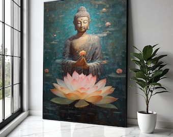 Serene Buddha Meditation Canvas, Lotus Flower Painting, Spiritual Wall Art, Zen Home Decor, Mindfulness Canvas Gift Art, Home Decor, Print