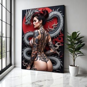 Japanese Dragon Tattoo Woman Canvas, Oriental Ink Art Wall Decor, Bold Black Tattoo Design, Modern Japon Style Gift Art, Home Decor, Print