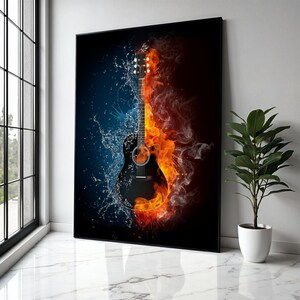 Fire and Water Guitar Canvas, Music Instrument Wall Art, Dual Element Art Print, Acoustic Guitar Decor, Modern Gift Art, Home Decor, Print