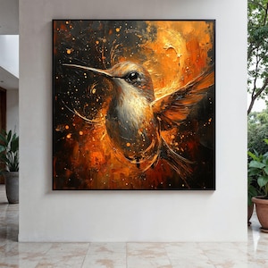 Vibrant Hummingbird Canvas Art, Abstract Bird Wall Decor, Nature Painting, Orange Black Home Decoration, Ready Gift Art, Home Decor, Print