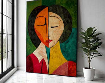 Abstract Dual Tone Face Canvas, Modern Cubism Wall Art, Colorful Portrait Painting, Contemporary Canvas Gift Art, Home Decor, Print