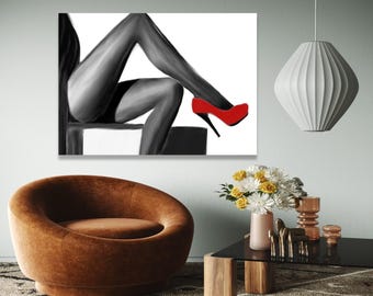 Elegant Woman Legs Canvas Art, Black and White Wall Decor, Red High Heel Shoes, Modern Fashion Canvas, Chic Home Gift Art, Home Decor, Print