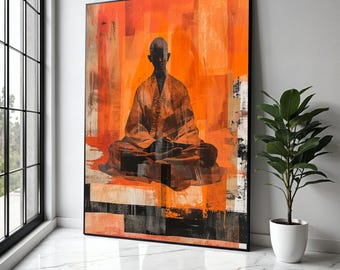 May include: Abstract art print featuring a seated figure in meditation. The artwork is dominated by vibrant orange hues with black and brown accents. The figure is depicted in a traditional robe, set against a textured background, framed in black.
