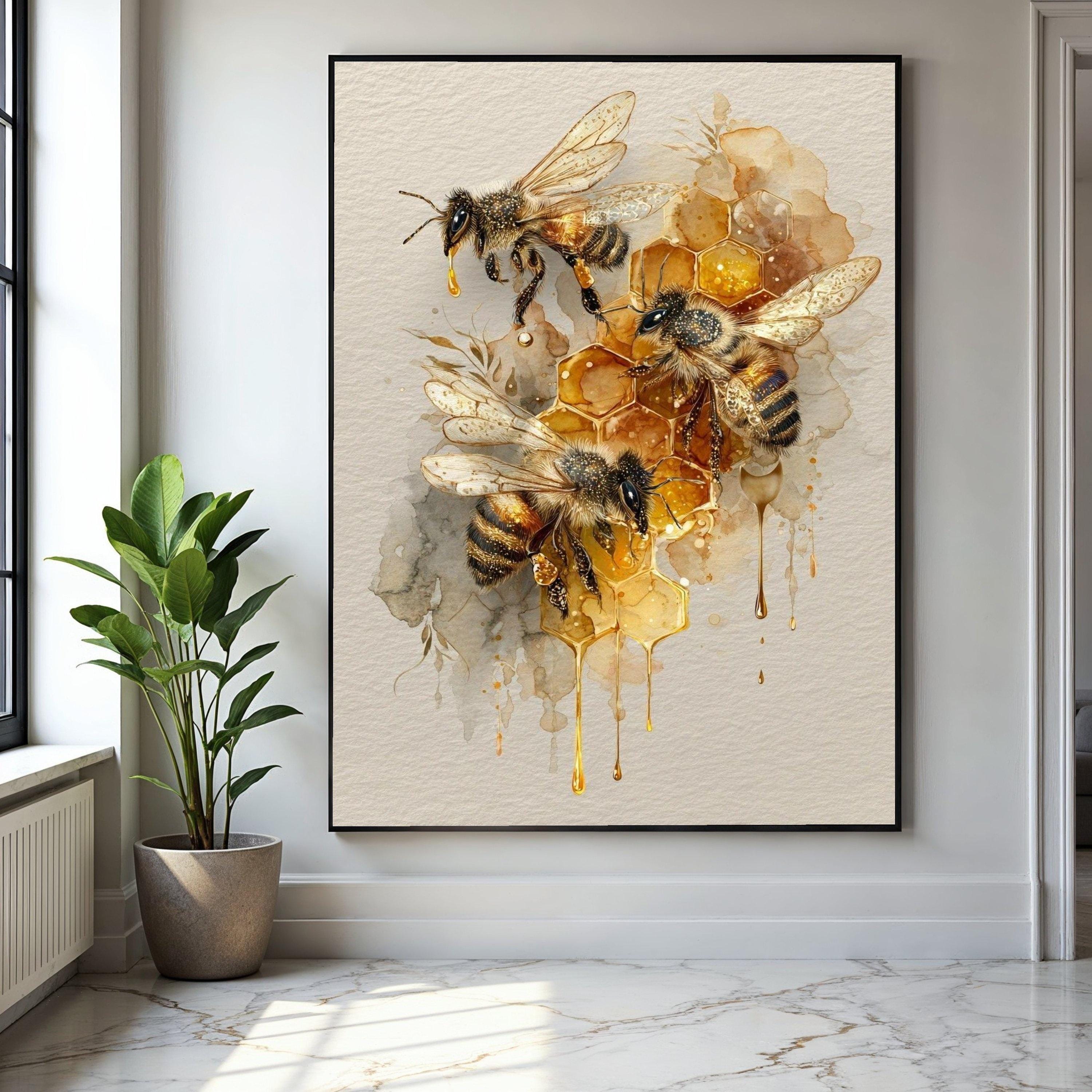 Honeybee Trio With Honeycomb Canvas Wall Art, Bee Illustration