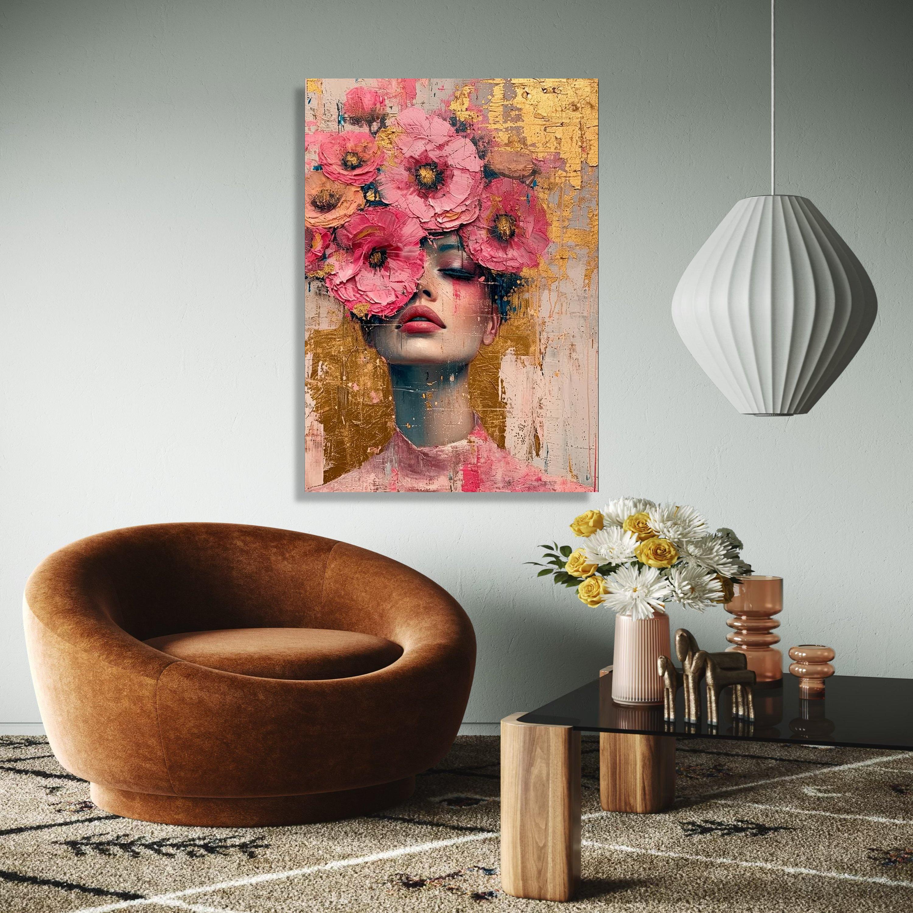 花の顔の肖像画キャンバス、ピンクの花冠の壁アート、抽象的な女性の