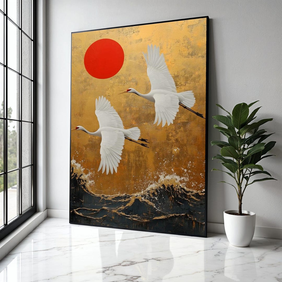 Elegant White Cranes Flying Canvas, Japanese Style Wall Art, Red