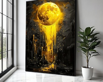 May include: A framed abstract art print featuring a large, glowing yellow moon against a dark, textured background. The moon's light cascades downward, creating a dramatic effect. The artwork is displayed in a bright, modern room.