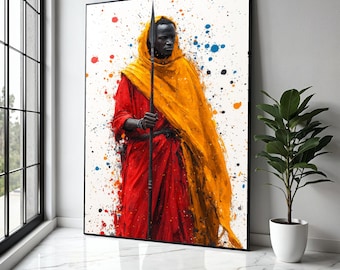 Bold Tribal Warrior Canvas Wall Art, African Culture Painting, Red and Orange Robe Art Print, Modern Ethnic Gift Art, Home Decor, Print