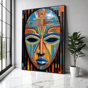 Vibrant Tribal Mask Canvas Wall Art, Colorful African Mask Painting, Ethnic Decor, Modern Abstract Canvas, Ready Gift Art, Home Decor, Print