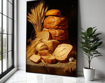 Rustic Fresh Bread Loaves Canvas, Wheat Sheaves Still Life Wall Art, Vintage Bakery Kitchen Decor, Home Food Gift Art, Home Decor, Print