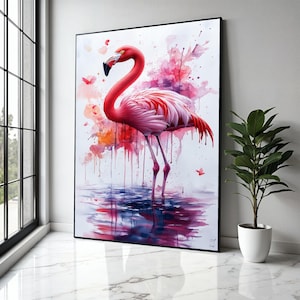 Vibrant Flamingo Watercolor Canvas, Pink Bird Wall Art, Abstract Nature Painting, Tropical Wildlife Decor, Gift Art, Home Decor, Print