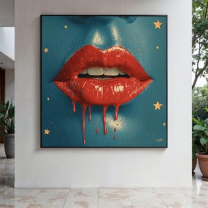 Glossy Red Dripping Lips Canvas, Modern Pop Art Wall Decoration, Bold Lipstick Print, Unique Home Accent, Gift Art, Home Decor, Print
