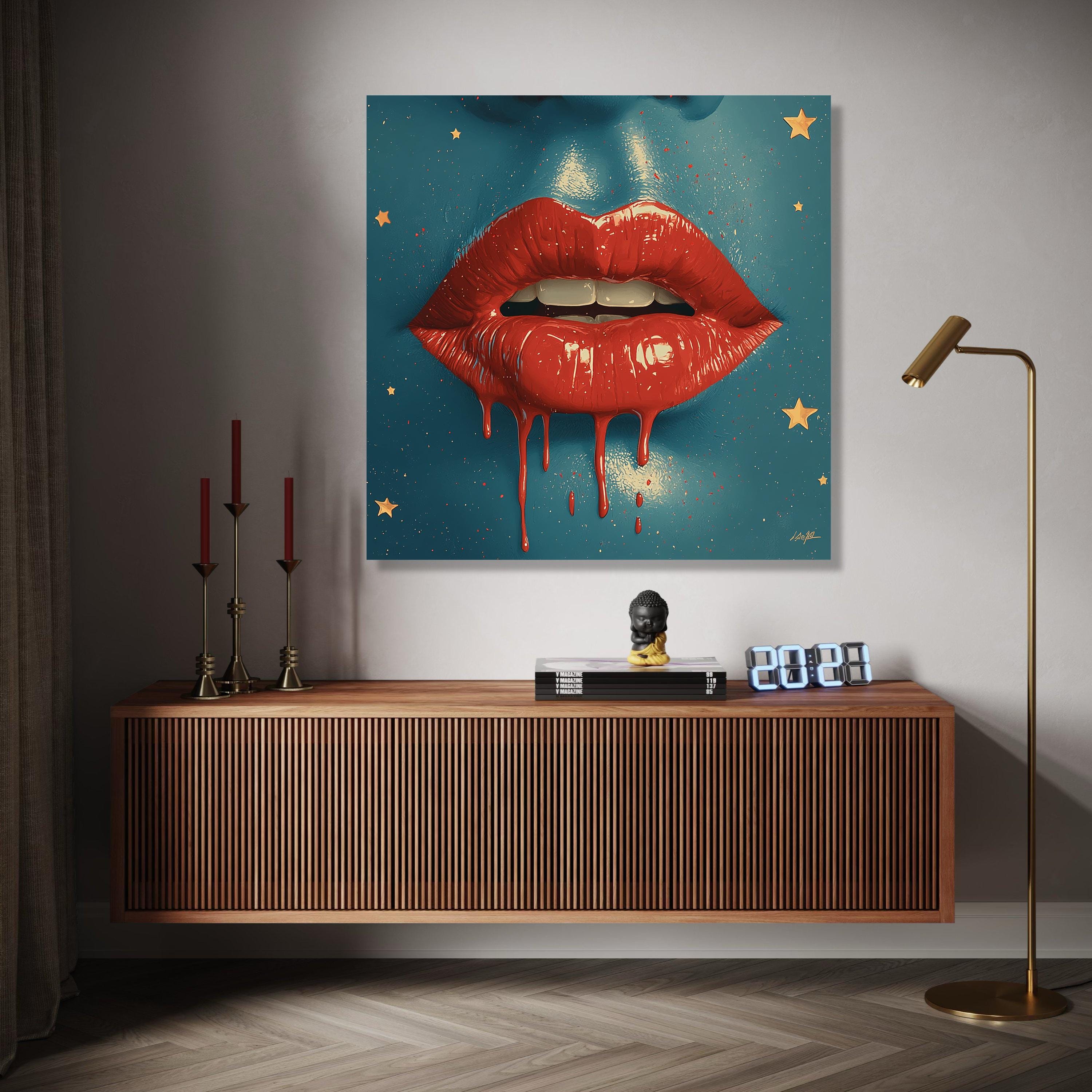 Glossy Red Dripping Lips Canvas, Modern Pop Art Wall Decoration
