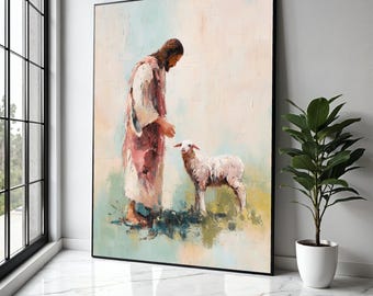 Jesus with Lamb, Religious Canvas Wall Art, Christian Faith Painting, Spiritual Home Decoration, Inspirational Gift Art, Home Decor, Print