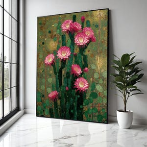 Vibrant Cactus Bloom Canvas, Pink Flower Wall Art, Botanical Nature Print, Desert Floral Decoration, Green and Gift Art, Home Decor, Print