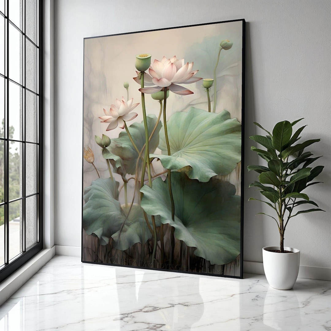 Elegant Lotus Flower Canvas Wall Art, Botanical Floral Painting, Green ...
