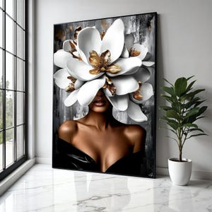 Elegant Woman with Giant White and Gold Flowers Canvas, Modern Floral Portrait Wall Art, Glamour Home Decor, Gift Art, Home Decor, Print