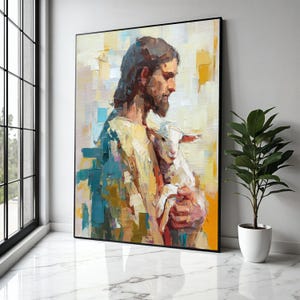 Jesus Holding Lamb Canvas Wall Art, Spiritual Christian Religious Painting, Modern Religious Decor, Gift Art, Home Decor, Print