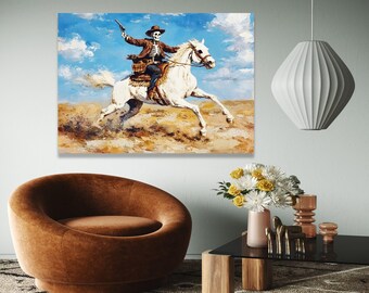Skeleton Cowboy on White Horse Canvas, Western Skull Art, Wild West Rider Wall Art, Desert Landscape Painting, Gift Art, Home Decor, Print