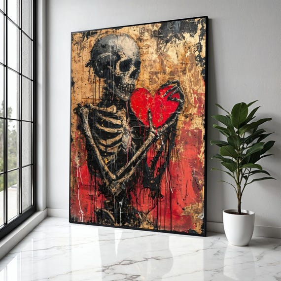 Dark Skeleton Holding Red Heart Canvas, Gothic Wall Art