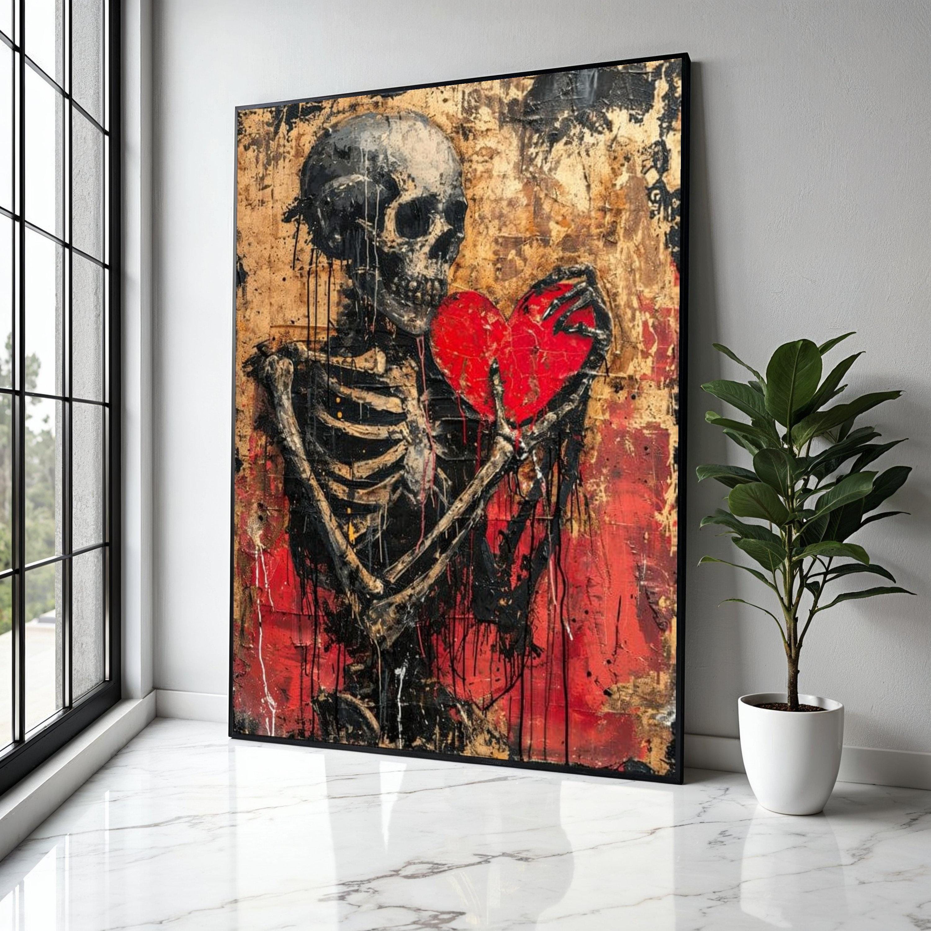 Dark Skeleton Holding Red Heart Canvas, Gothic Wall Art