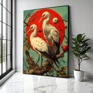 Elegant White Cranes Canvas Wall Art, Red Sun Nature Scene, Bird Illustration, Asian Style Home Decoration, Gift Art, Home Decor, Print