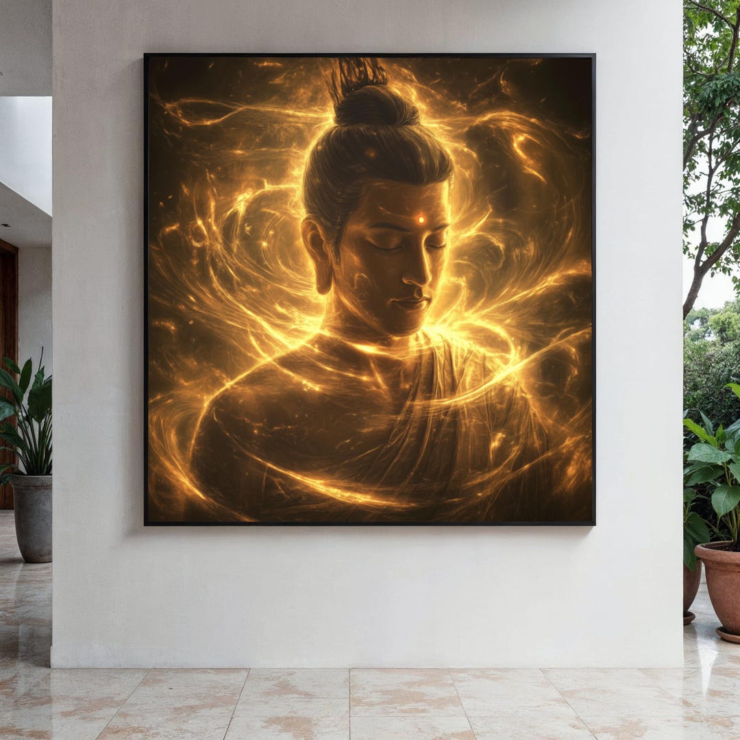 Radiant Buddha Meditation Canvas, Spiritual Wall Art, Golden Light Aura ...