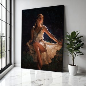 Elegante ballerina poseert canvas, zacht licht danskunst, vrouw in witte jurk, ballet wanddecoratie, kunst cadeau kunst, woondecoratie, afdrukken