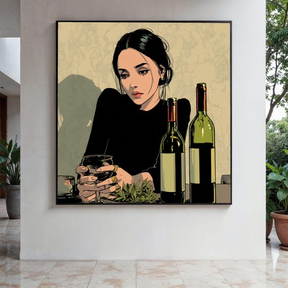 ワイングラスを持つエレガントな女性キャンバス、モダンな女性の肖像画