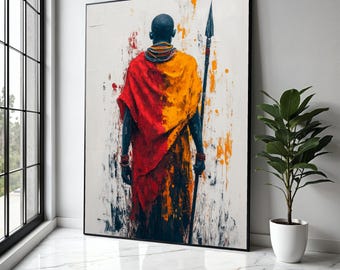 Tribal Warrior Abstract Canvas, Maasai Figure Wall Art, African Culture Canvas, Colorful Ethnic Painting, Bold Gift Art, Home Decor, Print