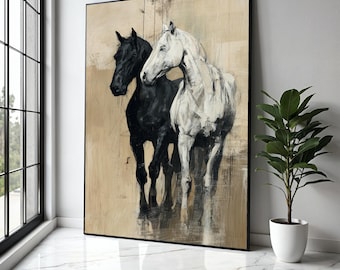 Arte de parede em tela com cavalos elegantes em preto e branco, pintura equestre rústica, decoração de animais de fazenda, arte moderna para presente, decoração de casa, impressão