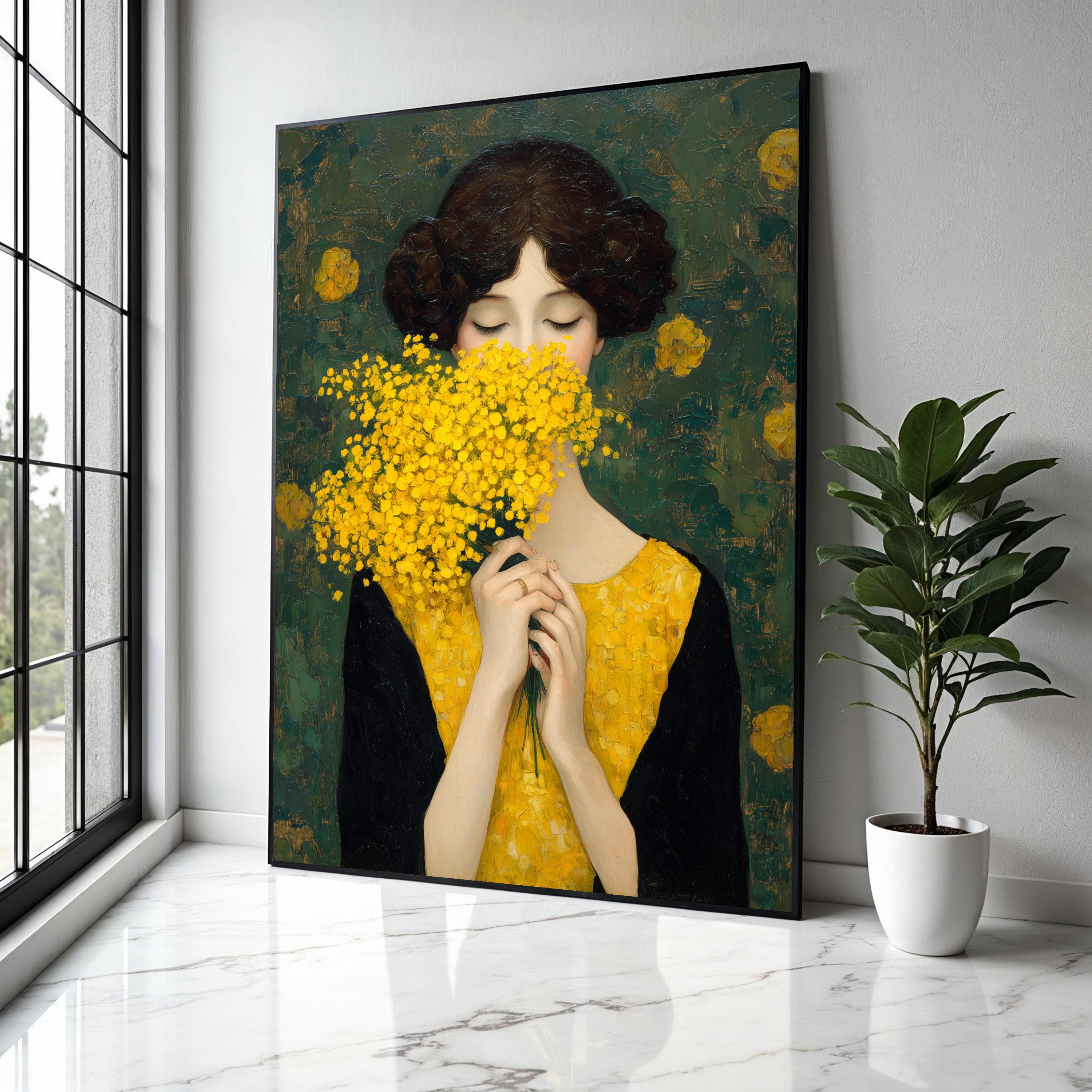 黄色い花を持つ女性 キャンバス、エレガントな肖像画の壁アート、花束