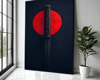 Japanese Katana Sword Canvas Wall Art, Samurai Blade with Red Sun Background, Martial Arts Decor, Modern Asian Gift Art, Home Decor, Print