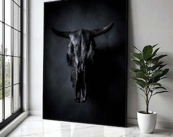 Dark Bull Skull Leinwand Kunst, Gothic Wohndekor, rustikale Tierschädel Leinwand, moderne Bauernhaus Wandkunst, stimmungsvolle Geschenk Kunst, Wohndekor, Druck
