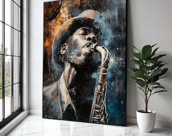 Op de afbeelding: Abstract schilderij van een muzikant die saxofoon speelt. Het kunstwerk toont een man met een hoed, gesloten ogen, die een gouden en zilveren saxofoon bespeelt. De achtergrond heeft blauwe en oranje penseelstreken en het schilderij is zwart omlijst.