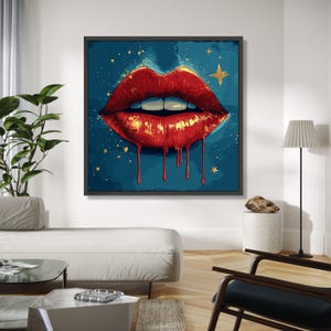 Bold Red Lips Canvas Art, Dripping Paint Wall Decor, Modern Pop Art Canvas, Glamorous Lip Print, Stylish Home Gift Art, Home Decor, Print