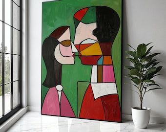 Abstract Couple Kissing Canvas, Modern Cubism Wall Art, Colorful Expressionist Painting, Romantic Home Decor, Gift Art, Home Decor, Print