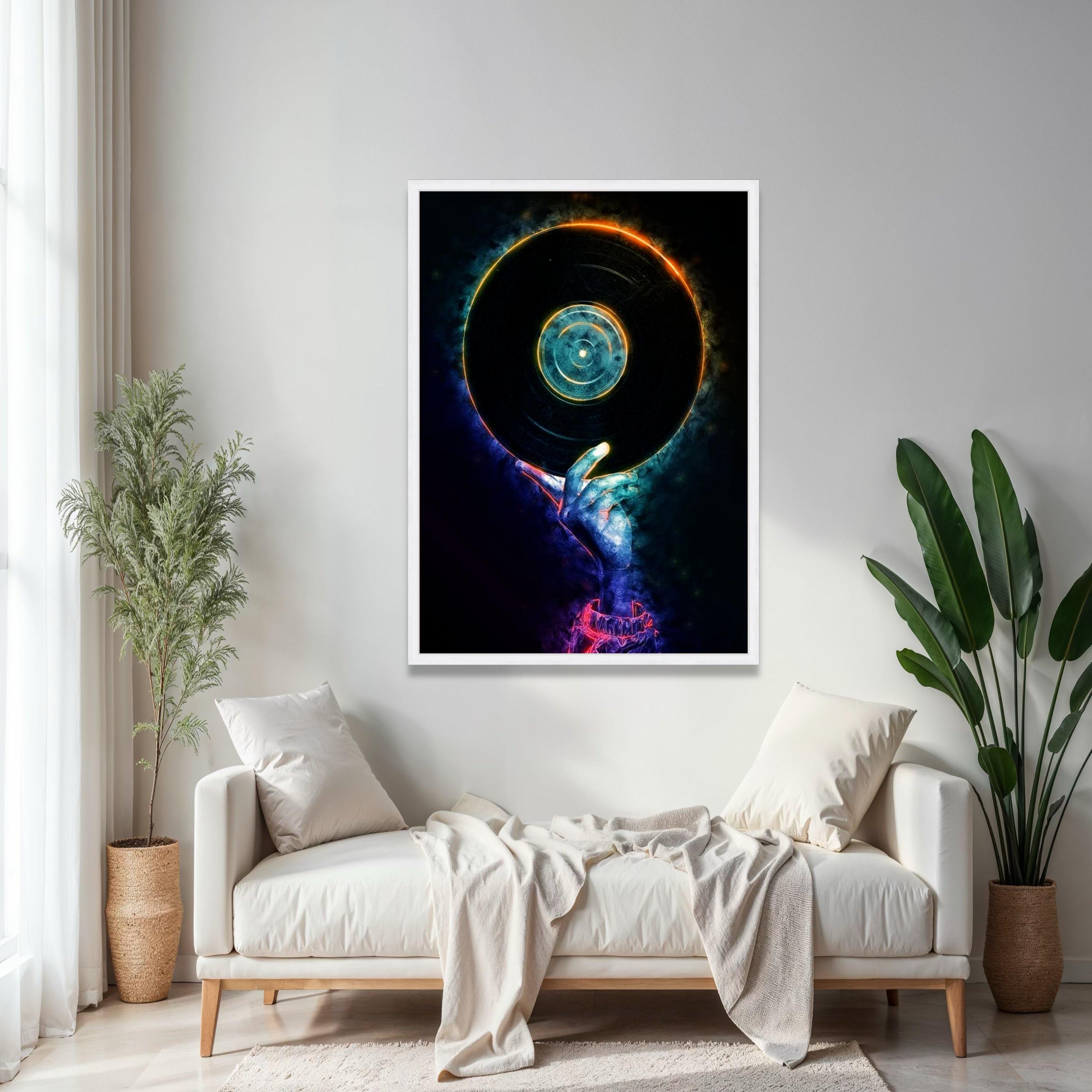 Neon DJ Hand Holding Vinyl Record Canvas, Music Party Wall Art