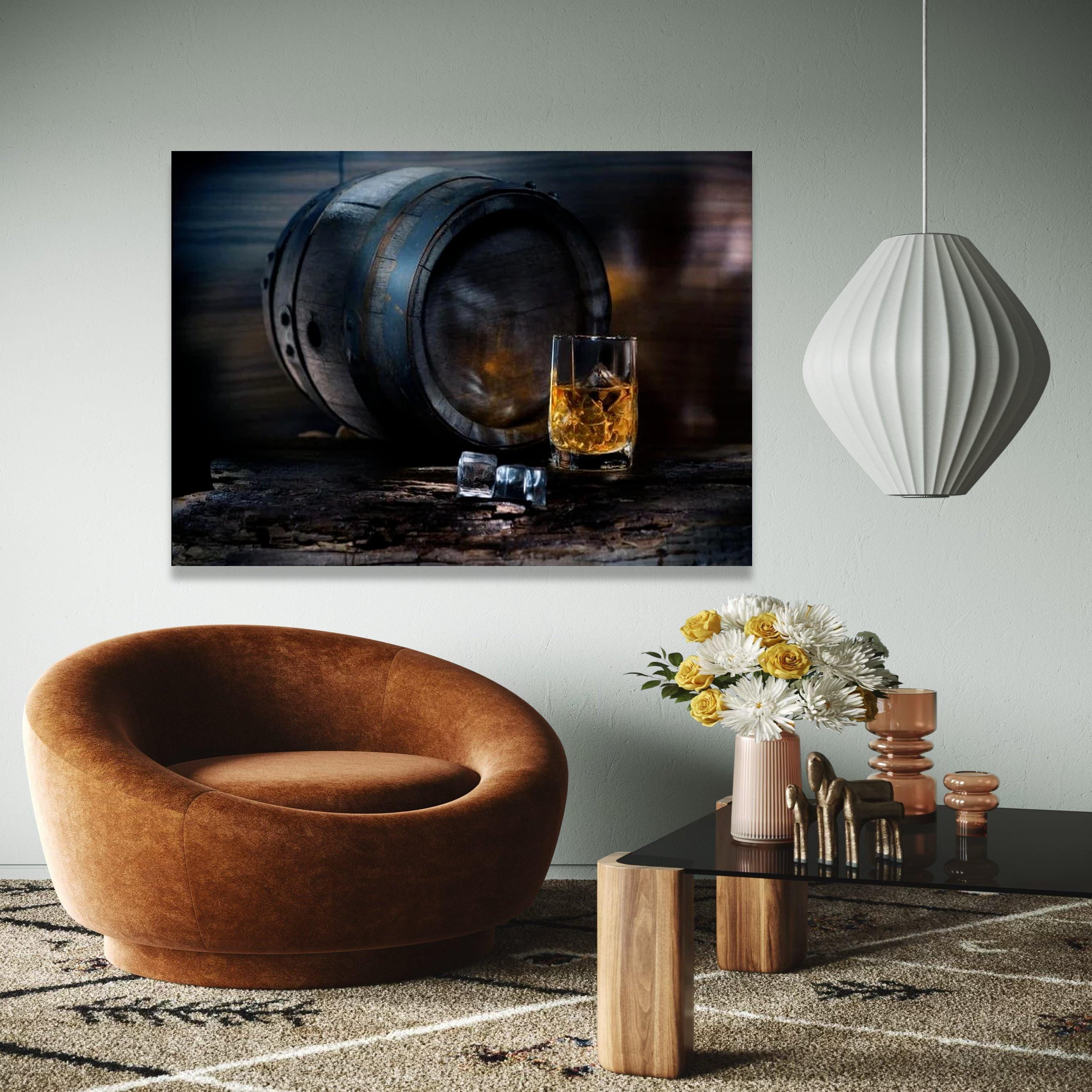 Rustic Whiskey Barrel Canvas Wall Art, Vintage Liquor Glass With