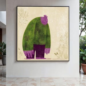 Lienzo de monstruo morado caprichoso, arte de pared con personajes divertidos, decoración de habitación infantil, lienzo de fantasía colorido, regalo divertido, decoración del hogar, impresión