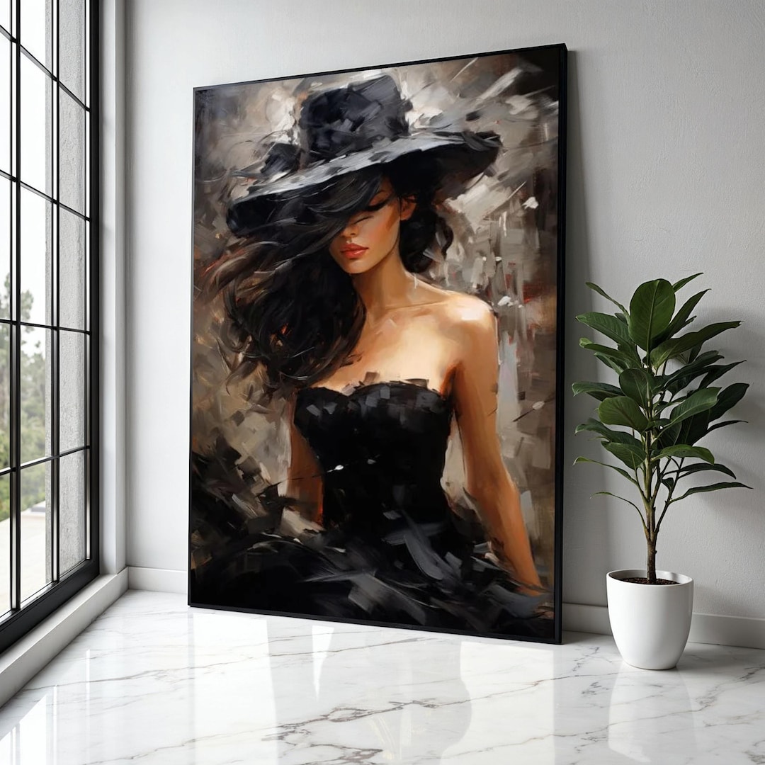 Elegant Woman in Black Hat Canvas, Modern Fashion Portrait Art ...