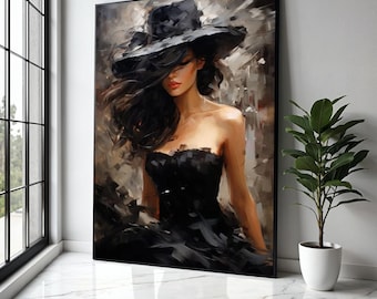 Elegant Woman in Black Hat Canvas, Modern Fashion Portrait Art, Glamorous Female Figure Wall Decor, Chic Gift Art, Home Decor, Print