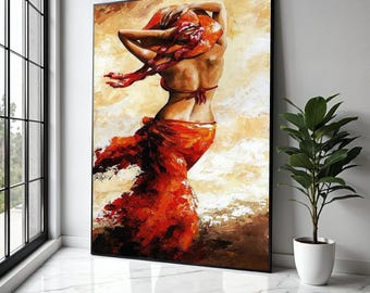 Elegant Woman in Flowing Red Dress Canvas, Abstract Figure Art, Contemporary Wall Decor, Feminine Silhouette Gift Art, Home Decor, Print