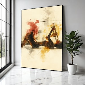 Jazz Musician Silhouette with Trumpet, Abstract Watercolor Canvas, Music Art Print, Modern Wall Decor, Artistic Gift Art, Home Decor, Print
