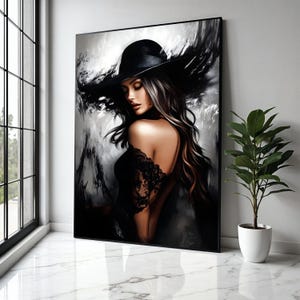 Elegant Woman in Black Hat Canvas, Glamour Portrait Wall Art, Stylish Female Figure, Fashion Home Decor, Modern Gift Art, Home Decor, Print