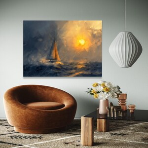 Sunset Sailing Canvas Wall Art, Ocean Boat Illustration, Nautical Wall Decor, Sea and Sky Painting, Modern Gift Art, Home Decor, Print