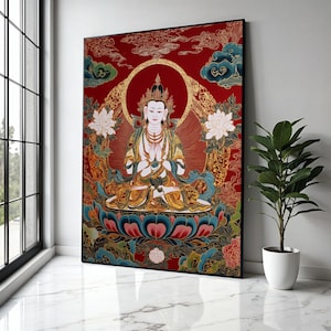 Meditative Buddha Canvas Wall Art, Asian Spiritual Decor, Red and Gold Lotus Painting, Zen Home Decoration, Gift Art, Home Decor, Print