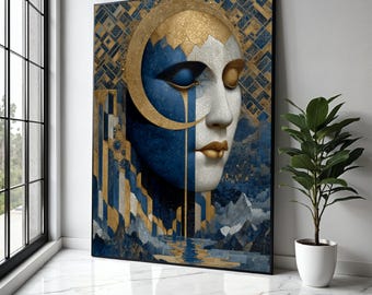Elegant Mosaic Woman Face Canvas, Blue Gold Abstract Wall Art, Modern Artistic Portrait, Contemporary Home Gift Art, Home Decor, Print